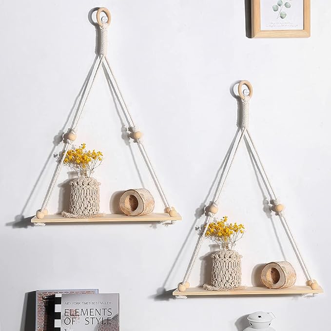Artilady 2 Pack Wooden Wall Hanging Shelves - Macrame Hanging Plant Shelf Boho, Handmade Rustic Hanger Planter Rack Flower Pot Stand Holder Storage Floating Shelves