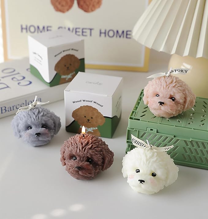 Teddy Dog Shaped Scented Candle,100G Cute Puppy Animal Aroma Soy Wax Decorative Novelty Candle for Table Photo Prop Birthday Gift,Prefect for Meditation Stress Relief Mood Boosting (White)