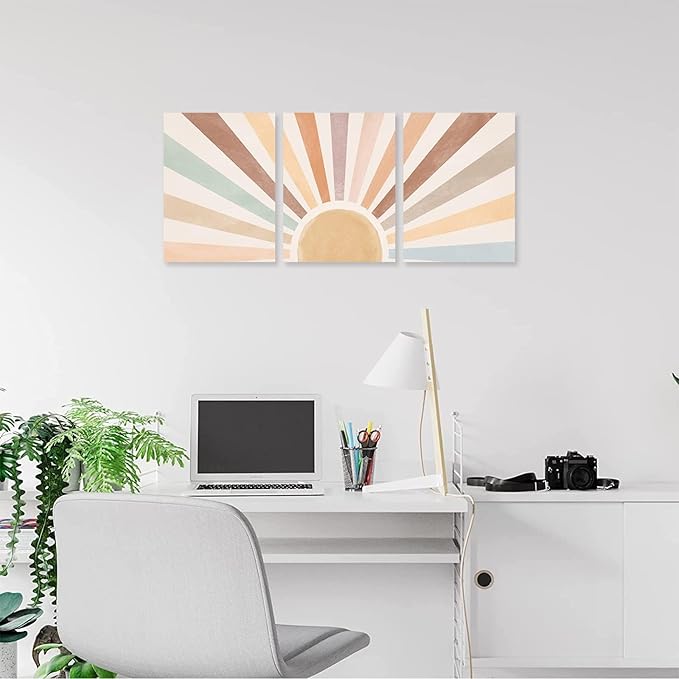 Boho Sun Wall Art Set of 3, Framed Canvas Wall Art Rainbow Sun Rising on the Horizon Geometric Nature Illustrations Line Art Wall, Office, 12"x16" Watercolor