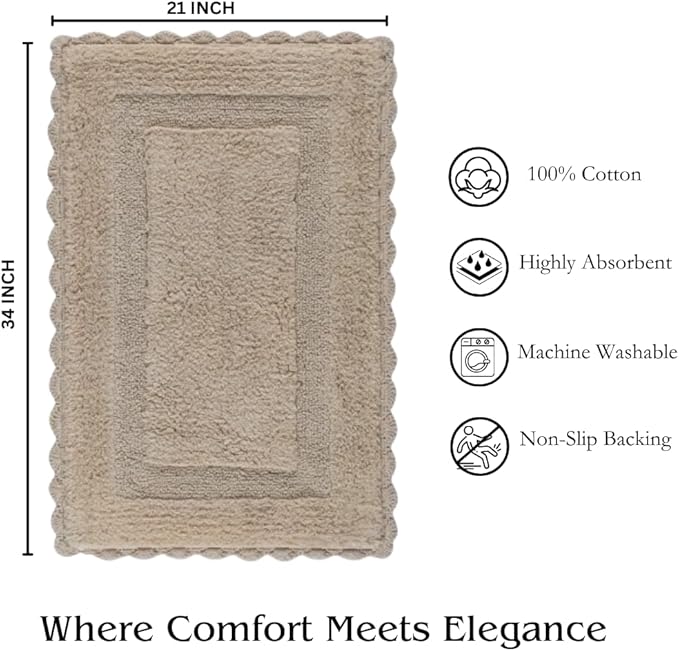 Cotton Crochet Bathmat with Antiskid 21x34 Linen, 100% Pure Cotton, Super Soft White, Plush & Absorbent, Hand Tufted Heavy Weight Construction, Full Reversible Step Out Rugs