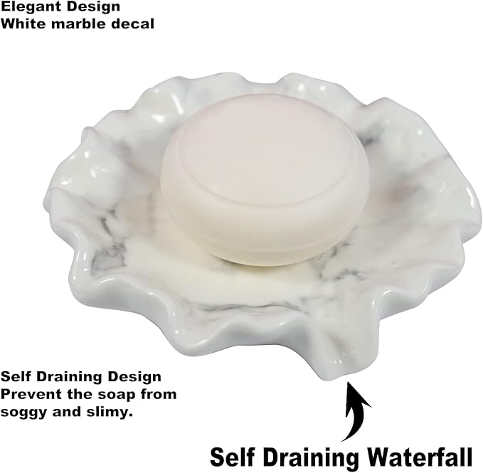 Lotus Leaf White Marble Pattern Soap Dish Ceramic Soap Holder Self Draining Soap Dish Waterfall Slot Sponge Holder Bathroom Accessories for Bathroom, Kitchen,Bar Counter