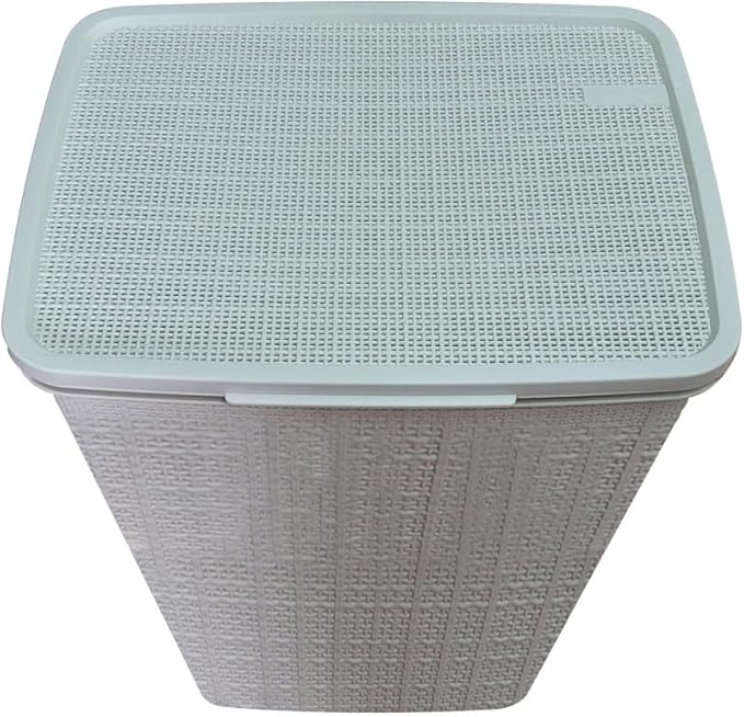 YBM Home Plastic Rattan Laundry Hamper Basket with Hinged Lid, Ventilation Holes, Durable, Lightweight Bin With Cutout Handles, Storage Dirty Clothes, Space Saver, 16.75" x 13.5" x 23.75", Beige