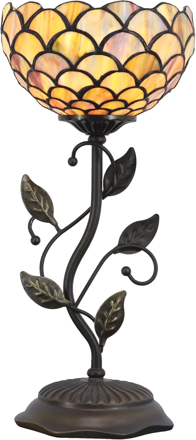 Small Tiffany Lamp Stained Glass Table Lamp Uplight Accent Lamp with Metal Leaf Base Yellow Fish Scales Style Desk Light 8X19 Inch for Home Office Living Room Bedroom