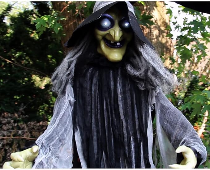 Haunted Hill Farm 9.5-Ft. Animatronic Witch, Indoor or Covered Outdoor Halloween Decoration, Prop With Light-up White Eyes, Poseable and Battery Operated Fright Prop for Home