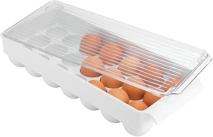 iDesign Plastic Egg Holder with Lid and Handle - Holds 21 Eggs - Clear/White - Made in USA