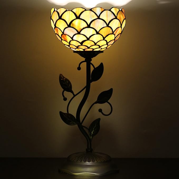 Small Tiffany Lamp Stained Glass Table Lamp Uplight Accent Lamp with Metal Leaf Base Yellow Fish Scales Style Desk Light 8X19 Inch for Home Office Living Room Bedroom