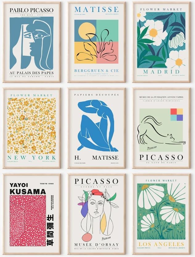 Eclectic Gallery Wall Art Set of 9, Abstract Matisse Poster Flower Market Prints, Minimalist Wall Decor Canvas Paintings, Trendy Aesthetic Room Decor for Bathroom, Bedroom, Living Room, Office(8"x10")