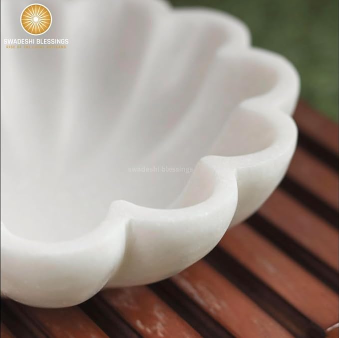 SWADESHI BLESSINGS HandCrafted Marble Decorative Bowl | White Ruffle Scalloped Fluted Key/Fruit Ring Dish | Organic Modern Home Decor (12 Inches)
