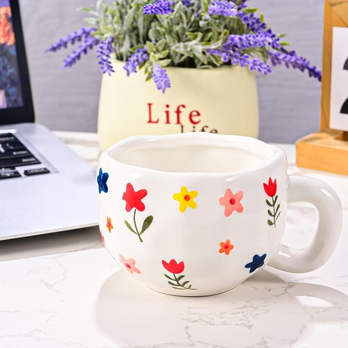 Coffee Mugs Set of 2, Ceramic Coffee Mug with Blue and Pink Floral, 10 oz Aesthetic Latte Art Cups with Handle, Cute Painted Flower Cup for Cappuccino, Cocoa, Espresso - Microwave and Dishwasher Safe
