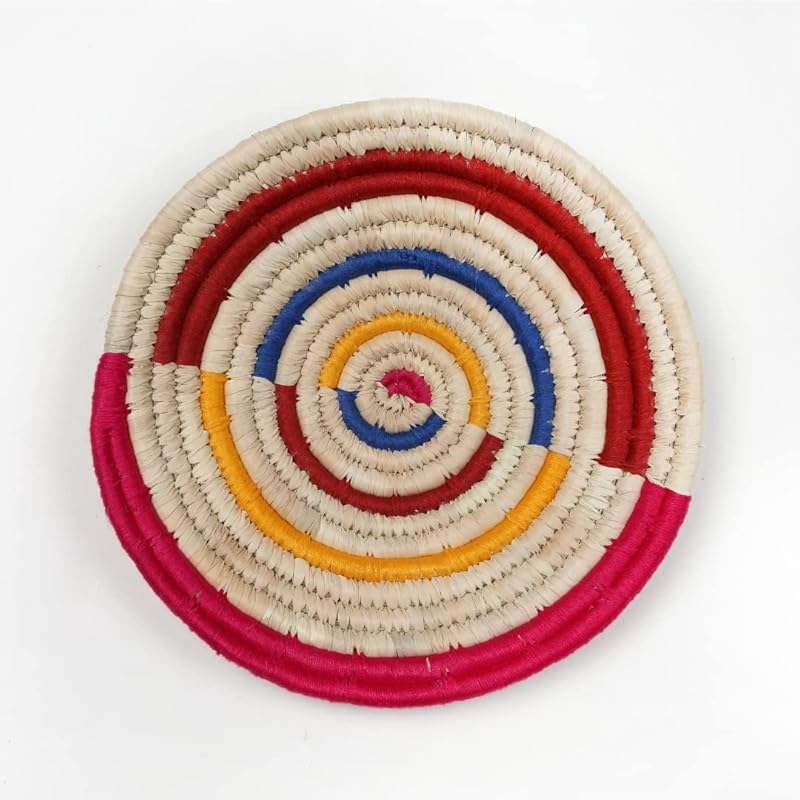 Set of 3 Round Boho Hanging Wall Basket Home Decor for Bedroom, Kitchen, Farmhouse Handmade Decorative Unique Indian Wall Decor Woven Wicker Baskets Christmas Gifting(Yellow Red Blue, Bright)