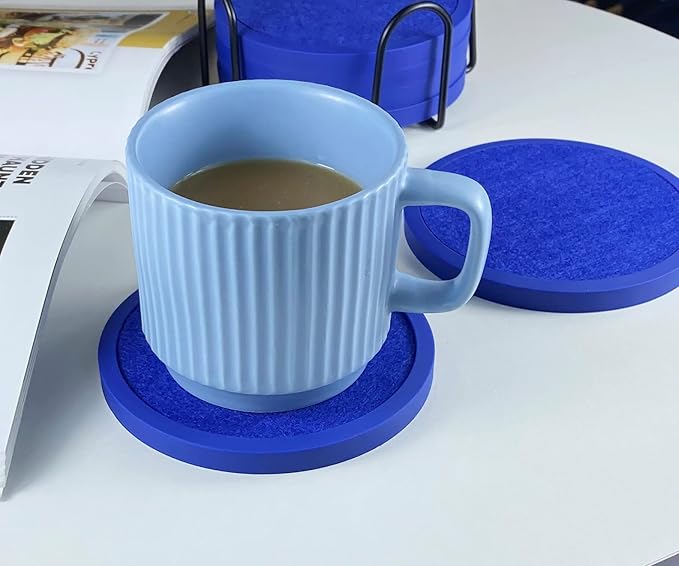 Absorbent Coasters with Holder - 6 Pack, Silicone with Soft Felt Insert (4.3 Inch Coasters, 4.5 Inch Holder, Blue)