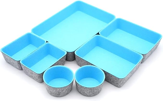 Welaxy Drawer organizers bins felt storage bin office organizer Shallow Small Desk organizer trays Draw dividers 7-piece Gifts Idea (Sky blue)