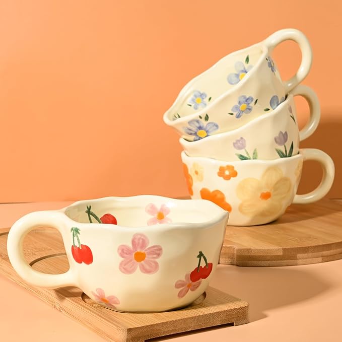 Ceramic Coffee Mug Vintage Flower Mugs 8 oz Cute Floral Coffee Mugs Irregular Latte Art Cup Lead-free Porcelain Cups for Cappuccino, Cocoa (4 Pack)
