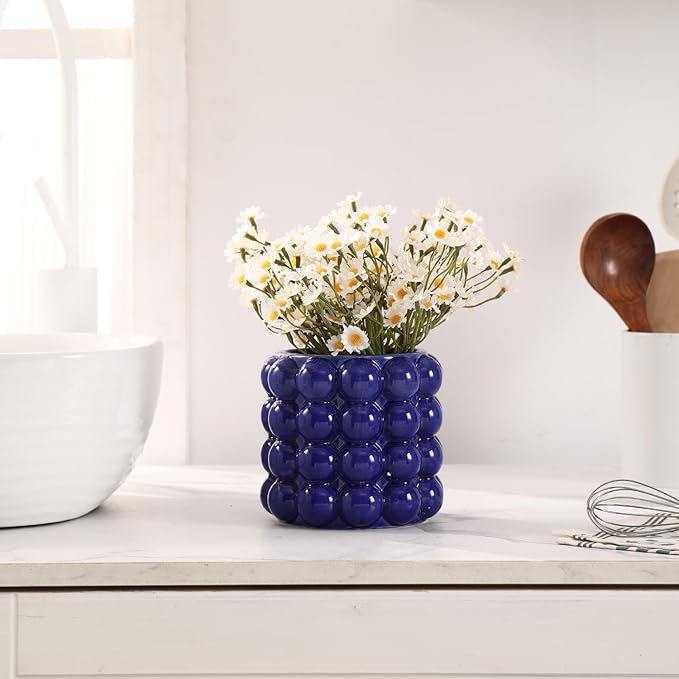 Bubble Vase, Small Vase, Blue Ceramic Vase, Short Vase, Ceramic Flower Vase, Unique Vase Home Decor, Decorative Vase for Flowers, Living Room, Bedroom, Office, Shelf, Coffee Table, 5 Inches