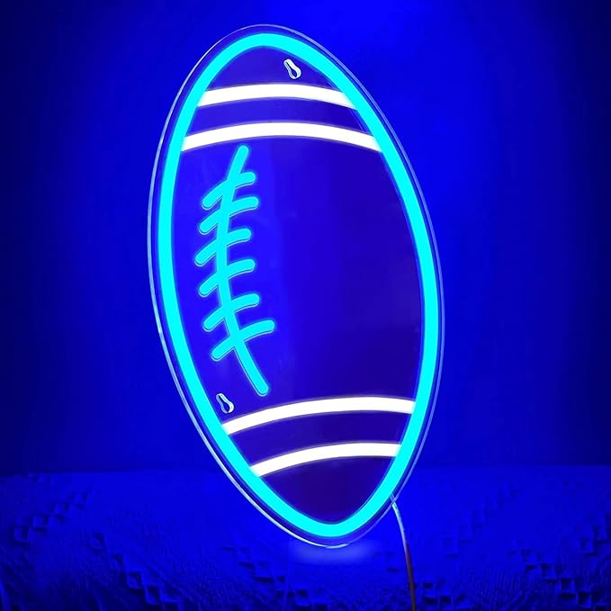 Football Neon Sign for Wall Decor, Blue Football-Shaped Neon Light, USB Operated Rugby Led Neon Lights for Man Cave, Football Decorations for Party
