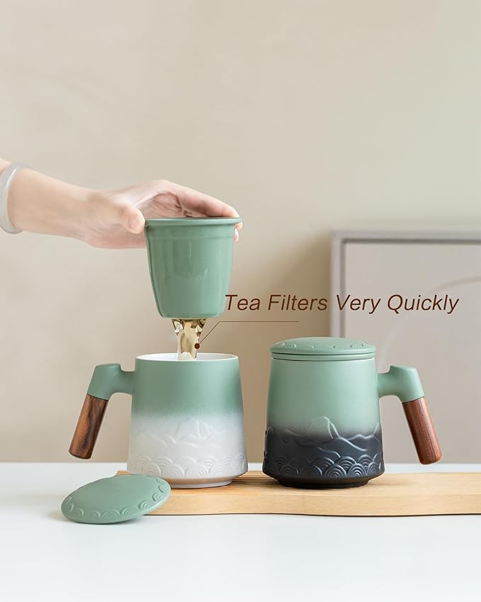 ZENS Tea Mug with Infuser and Lid for Loose Leaf Tea Steeper, 16.9 oz Embossed Ceramic Tea Cup with Fine Tea Strainers, Wood Handle Large Tea Diffusers Mugs, Tea Accessories for Tea Lovers Gifts