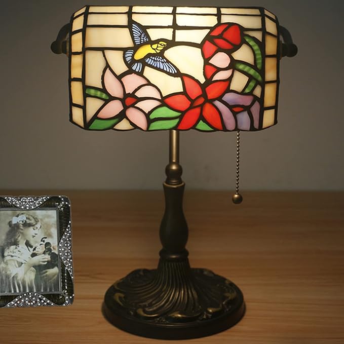 Bird Lamp Tiffany Style Bankers Lamp Table Lamp Stained Glass Bird Flower Lamp Shade Piano Desk Lamp Vintage Bedroom Bedside Lamp for Livingroom Office Study,Antique Alloy Base,Zipper Switch,A bird