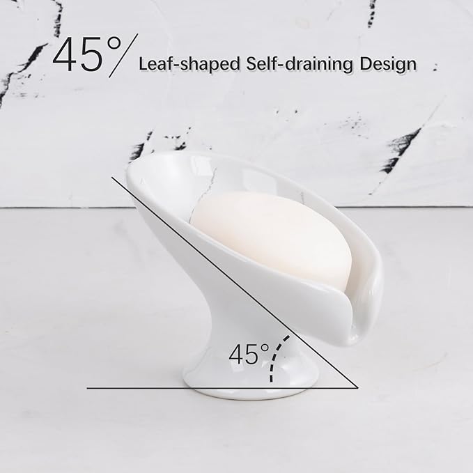 Soap Dish, Self Draining Bar Soap Holder for Bathroom Sink, Leaf Shaped Drainage Ceramic Marble Porcelain Decorative Soap Dish, No Suction Cup, ANTIS'S HOME