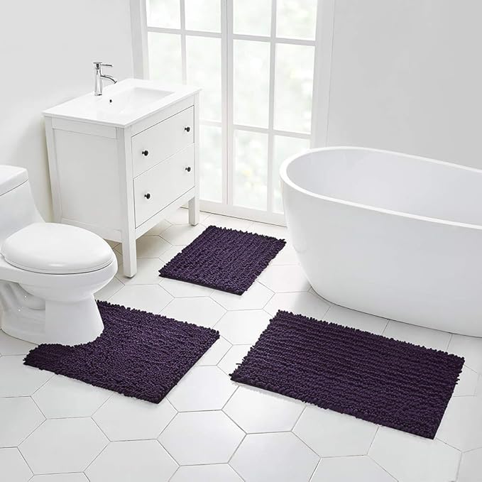 Walensee Bathroom Contour Rug Non Slip Toilet U Shaped Bath Mat (20x24, Dark Purple) Water Absorbent Super Soft Shaggy Chenille Machine Washable Dry Extra Thick Perfect Absorbant Best Plush Carpet