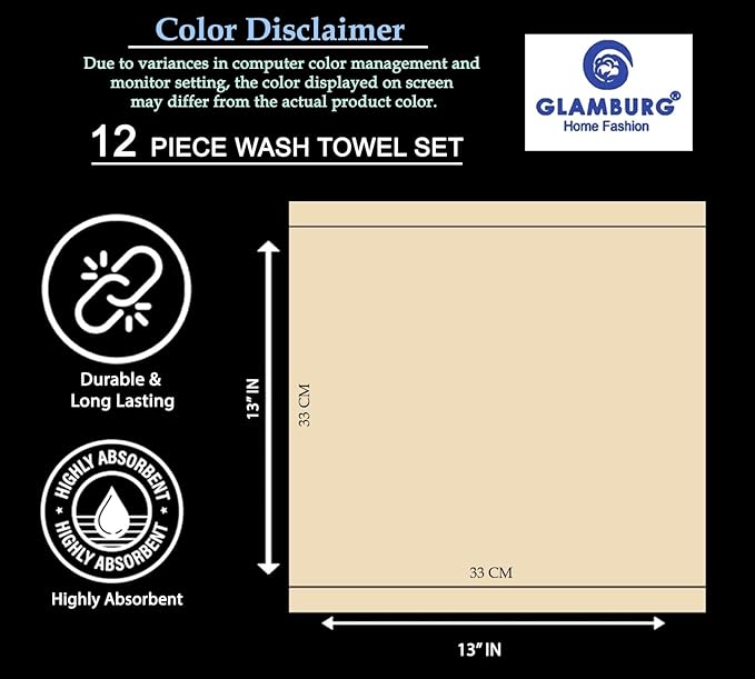 GLAMBURG Ultra Soft 12-Piece Washcloths Set 13x13-100% Ringspun Cotton - Durable & Highly Absorbent Face Towels - Ideal for use in Bathroom, Kitchen, Gym, Spa & General Cleaning - Ivory