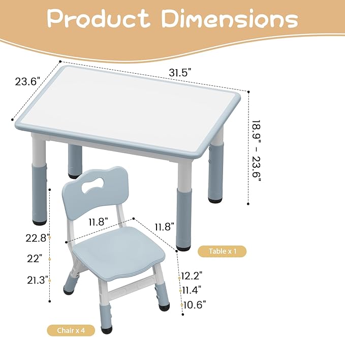 Kids Table and Chair Set, Height Adjustable Toddler Table and 4 Chairs Set for Ages 2-10, Graffiti Desktop, Non-Slip Legs, Arts & Crafts Table, Children Activity Table for Daycare Classroom Home