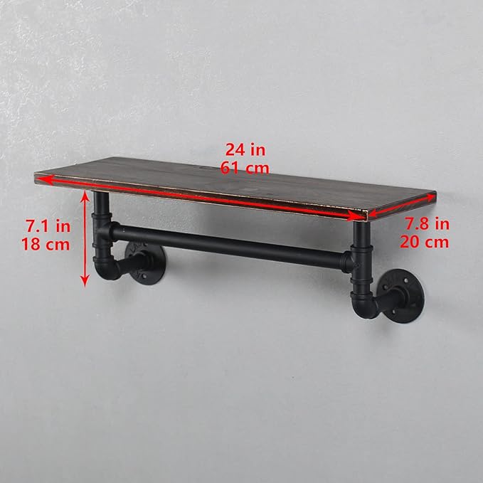 Industrial Pipe Shelving - Iron Bathroom Shelf With Towel Bar, 24in Rustic Metal Floating Wall Shelf, 1 Tier Retro Black