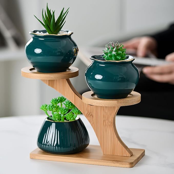RHBLME 2 Sets Wooden Plant Stands, Bamboo Wood Plant Stands Indoor 3 Tier Succulent Plant Stand, Small Plant Stand Tabletop Plant Holder for Outdoor, Home, Office