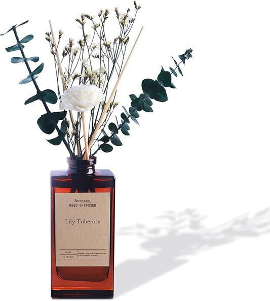 Reed Diffuser Set - Lily Tuberose Essential Oil, 5.07oz/150ml Floral Aroma Oils Scents with Flower Decoration and Rattan Sticks, Home Fragrance for Bedroom Bathroom Shelf Office Room Decor