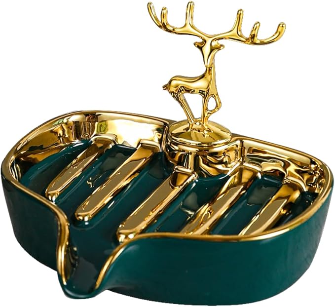 Soap Dish, Virvia Luxurious Ceramic Soap Dish Self Draining Soap Holder Tray Easy Cleaning Soap Saver for Shower Bathroom Kitchen Sink Bathtub Hotel Travel(Green Painted in Gold)