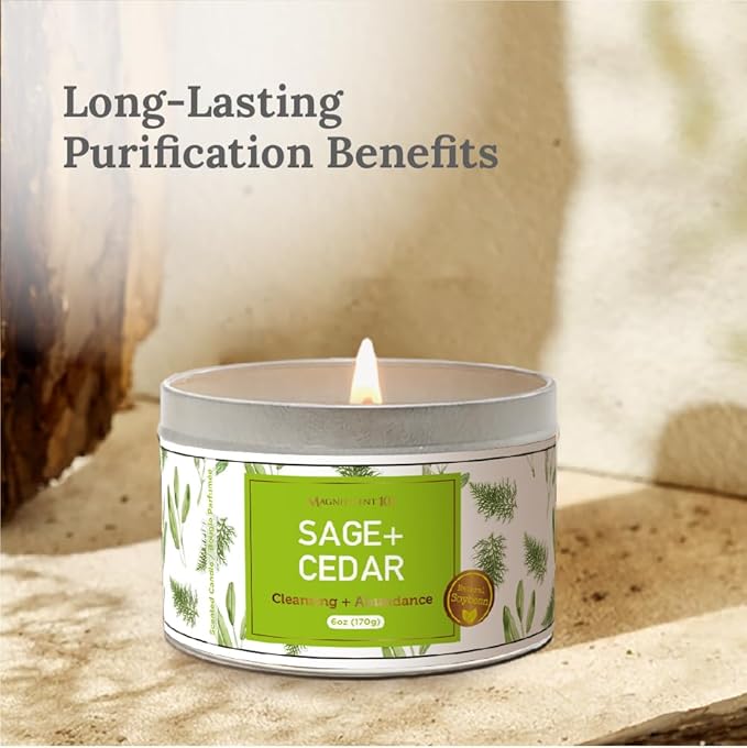 Magnificent 101 Long Lasting Sage + Cedar Smudge Candle | 6 Oz - 35 Hour Burn | Soy Wax Candle for Energy Cleansing & Manifestation | Let Abundance Flow Like an Endless River
