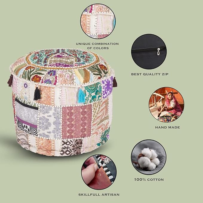 Aakriti Gallery Indian Pouf Footstool Ethnic Embroidered Pouf Cover, Indian Cotton Round Pouffe Ottoman Pouf Cover Pillow Ethnic Decor Art - Cover Only (White, 22x14)