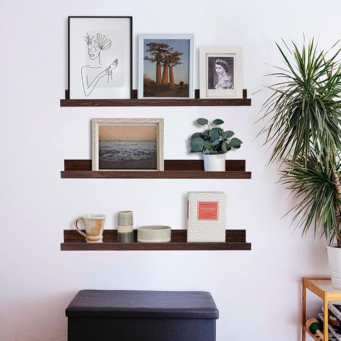 MBYD Floating Shelves 3 Same Dimensions, 24 Inch Deep Walnut Solid Wooden Shelves for Wall, Wall Mount Picture Ledge Wall Shelf for Home, Kitchen, Office, Living Roo