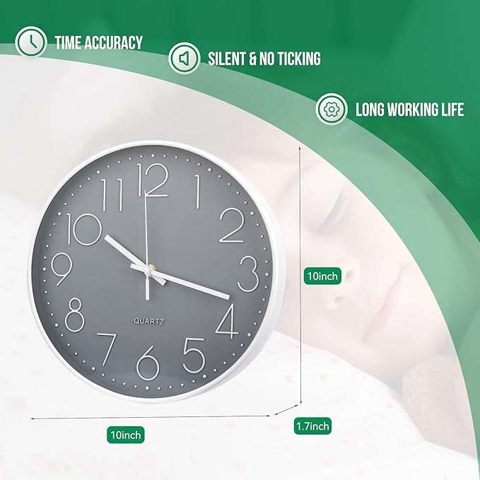 Wall Clock 10 Inch Non-Ticking Silent Modern Simple Style Round Decor Clock Gray Stereoscopic Dial Quartz Wall Clocks for Home/Office/School/Living Room/Bedroom/Kitchen