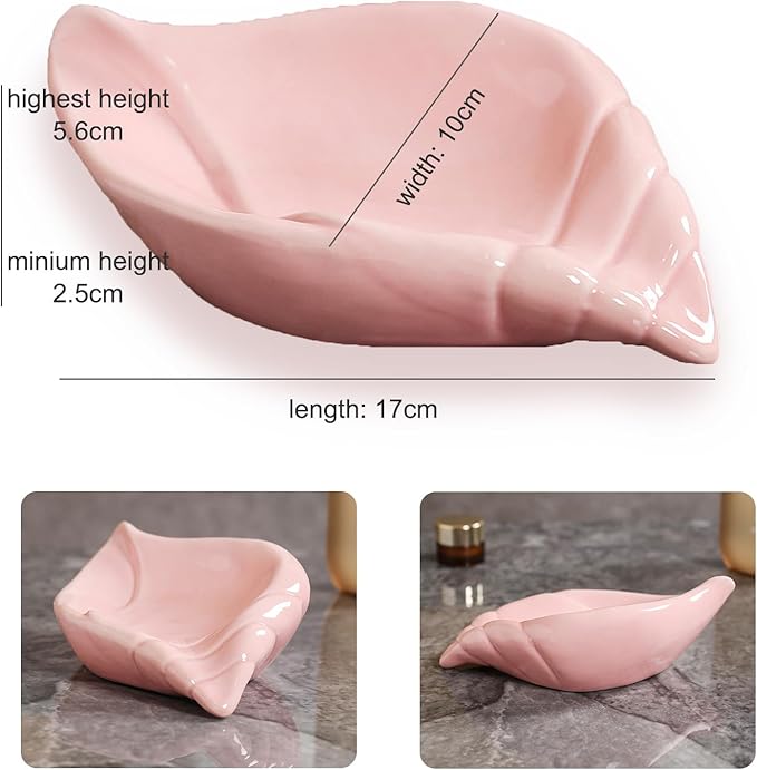 Sea-Shell Soap Holder, Ceramic Soap Tray with Self Draining, Soap Tray for Sink Washroom Bathroom Shower, Small Cute and Elegant Holder with Glaze, Easy Cleaning (Pink)