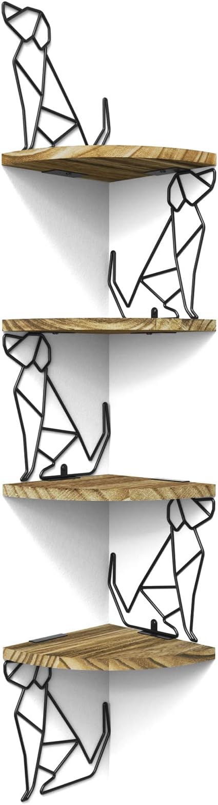 Alsonerbay Corner Shelf Wall Mount, 4 Tier Floating Shelves for Wall Storage, Rustic Wood Shelves for Bedroom, Living Room, Bathroom, Entryway, Garage (Dog Shaped)