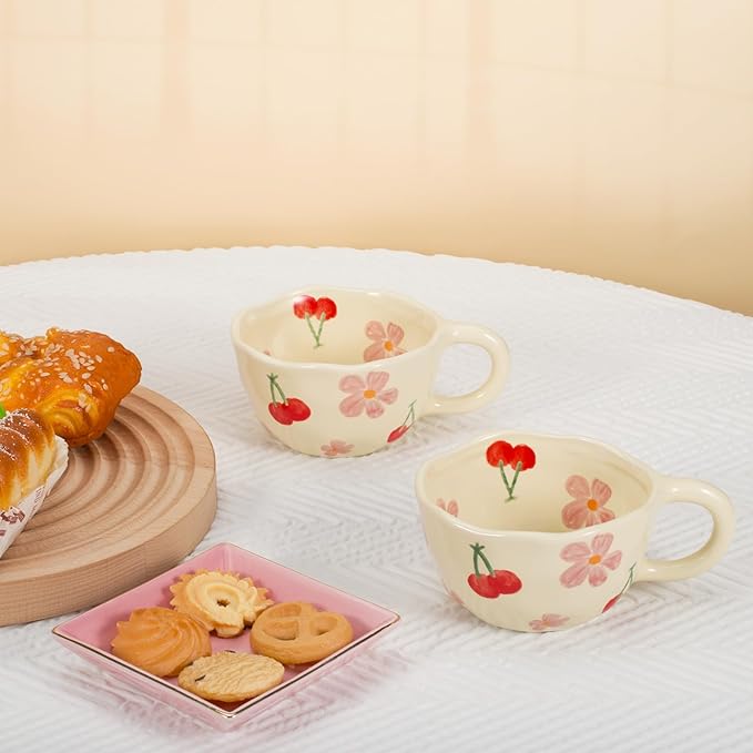 Koythin 2-Pieces Ceramic Coffee Mugs, Creative Cute Flower Cup for Office and Home, 8.5 oz/250 ml Aesthetic Mug for Latte Tea Milk (2 Pink Cherrys)