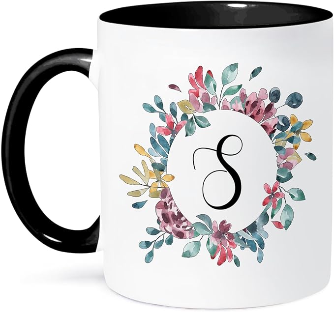 3dRose Coffee Mug, Size - 15oz - Pretty Watercolor Floral Circle Frame With A Monogram Initial S Monogram Initial - funny coffee cup gift