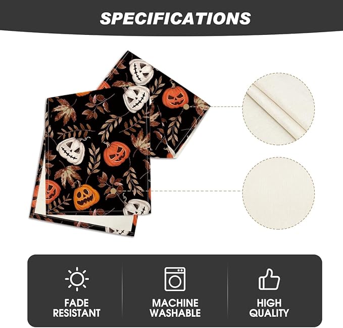 Artoid Mode Jack-O'-Lantern Pumpkin Leaves Black Halloween Table Runner, Holiday Kitchen Dining Table Decoration for Home Party Decor 13 x 60 Inch
