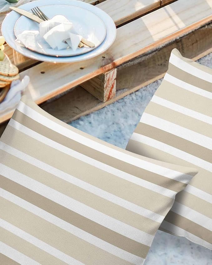 Outdoor Waterproof Throw Pillow Covers Set of 2 Khaki Beige Stripes Decorative Outdoor Pillows Cushion Case 26x26 Inch Classic Striped Patio Pillows for Couch Sofa Bed Garden Office Home Decor