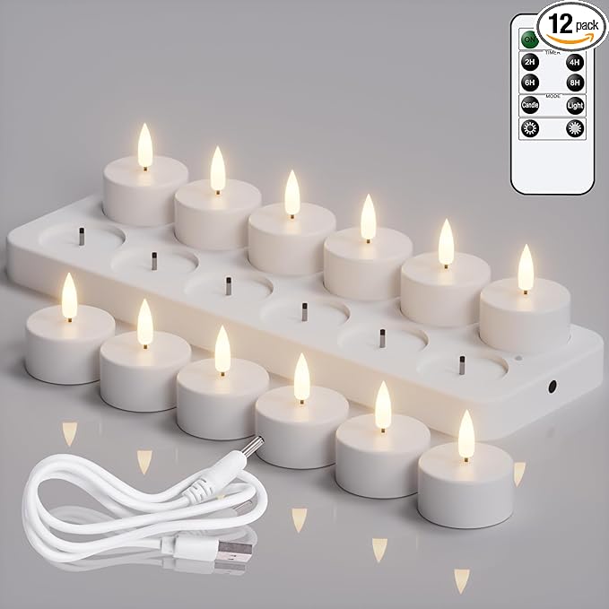 DRomance Rechargeable Flameless Votive Candles with Remote and Timer, 12 Pcs Battery Operated Flickering White Plastic LED Tea Light Candles Charge Base Halloween Christmas Holiday Decor(1.6" x 1.9")
