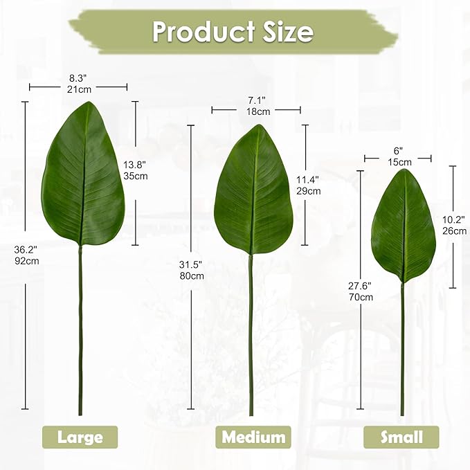 DILATATA 3 Pack Artificial Bird of Paradise Leaves with Long Stem for Vase - Fake Tropical Plants Palm Leaves Realistic Banana Leaves for Home Wedding Party Decor