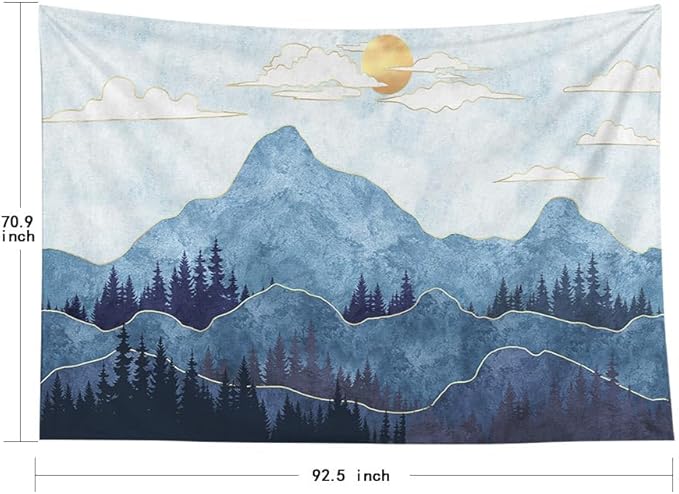 EMMTEEY Mountain Tapestry Wall Hanging Mountains Trees with Gold Sun Wall Hanging Tapestry 92.5X70.9 Large Wall Art for Bedroom Christmas Backdrop Home Wall Decor