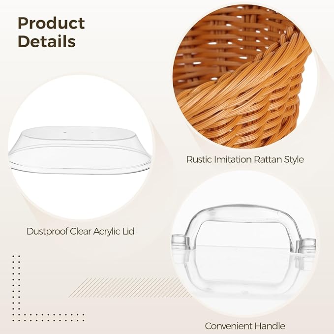 2 PCS Bread Fruit Baskets with Lid - 14 x 10 Inch Wicker Bread Basket with Acrylic Lid, Woven Bread Basket Fruit Tray with Clear Cover, Rattan Food Serving Tray for Home Picnics Bakery Storage