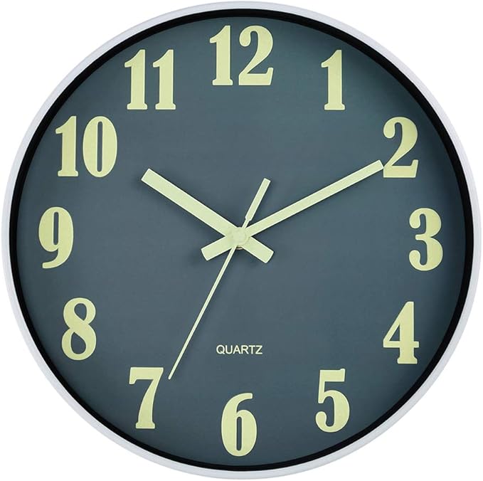 JoFomp Glow in The Dark Clock, 12 Inch Modern Silent Non Ticking Wall Clocks Battery Operated, Night Light Wall Clock for Living Room Decor, Wall Clock Decorative for Kitchen Bedroom (Grey)