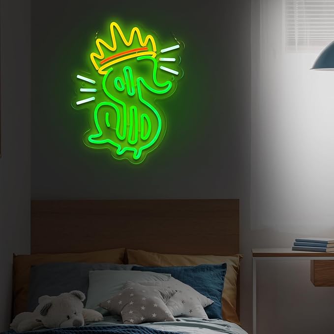 Money Sign Neon Sign Dollar Neon Sign for Wall Decor Dollar with Corwn USB Dimmable LED Neon Lights for Beer Bar Kitchen Restaurant Home Bar Pub Tavern Party Man Cave Club Shops Hotel Store Business Gift
