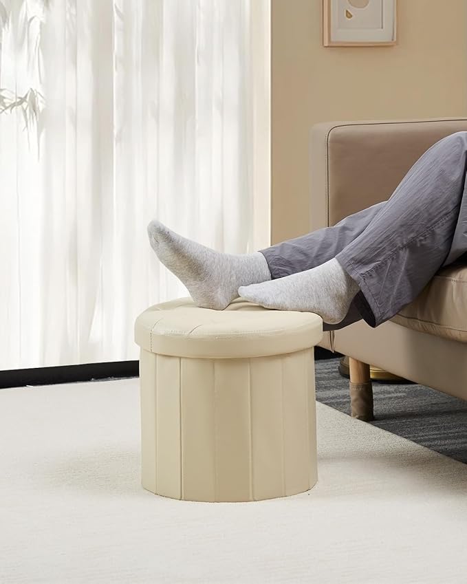 Bsketa® Ottoman with Storage, Foot Rest Stool with Thicker Foam Padded Seat Leather Small Round 14“ x 14” x 13 "Inchs Storage Ottoman Bench for Living Room Foldable Pouf Coffee Table 2 Pack,Beige