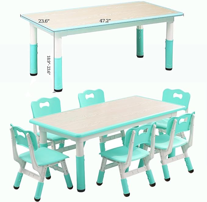 Kids Table and 6 Chair Set - Height Adjustable, Multifunctional Desk, Ergonomically Designed Chairs, Max 300lbs, for Ages 2-10, Classroom, Daycares, Home