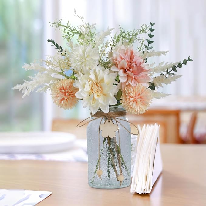 Silk Flowers with Vase, Artificial Flowers Arrangement with Glass Vase Faux Dahlia for Decoration Table Centerpiece (Dahlia White Pink)