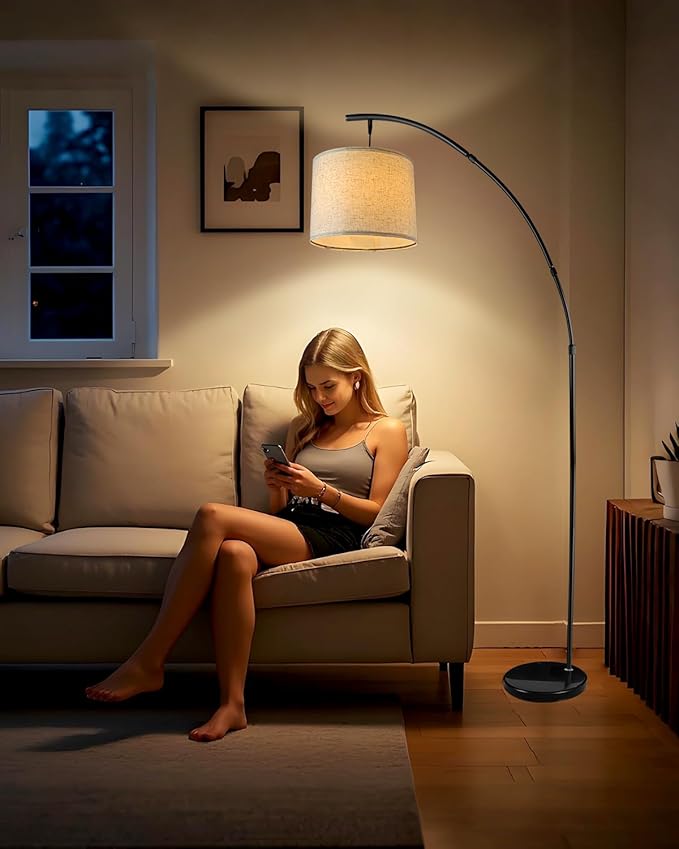 Lightdot Arc Floor Lamps for Living Room, Modern Standing Lamp with Hanging Drum Shade, Tall Standing Floor Lamp with Foot Switch, Over Couch Arched Reading Light for Bedroom, Office (Black)