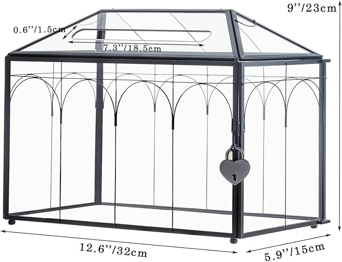 NCYP Wedding Glass Cards Box with Slot and Lock - 12.6" x 5.9" x 9" Vintage Indoor Tabletop Geometric Terrarium, Black Card Holder for Reception, Wishwell, Party Decor (Glass Box Only)